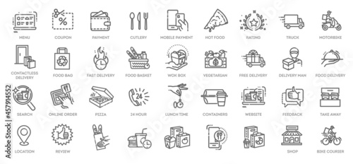 Food delivery - thin line web icon set. Outline icons collection