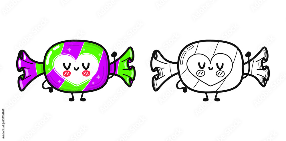 Fototapeta premium Funny cute happy Candy characters bundle set. Vector kawaii line cartoon style illustration. Cute Candy mascot character collection, outline cartoon illustration for coloring book