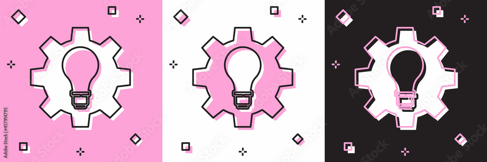 Set Light bulb and gear icon isolated on pink and white, black background. Innovation concept. Business idea. Vector Set Light bulb and gear icon isolated on pink and white, black background. Innovation concept. Business idea. Vector