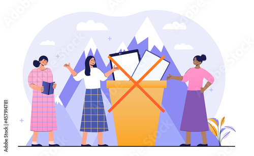 Digital detox concept. Women throw phones, computers and laptops into bucket. Characters refuse gadgets and social networks. Cartoon modern flat vector illustration isolated on white background