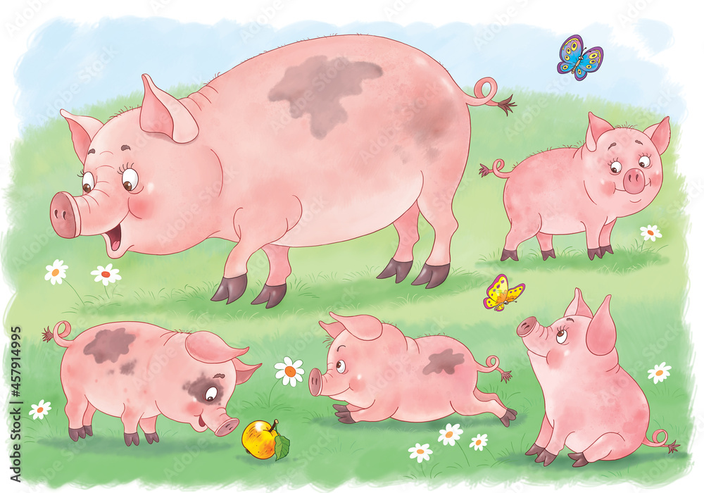 At the farm. Mother pig and her babies. Coloring page. Illustration for children. Cute and funny cartoon characters