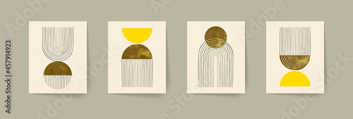 Set of abstract hand painted geometric compositions. Mid century modern posters. Boho wall decor.