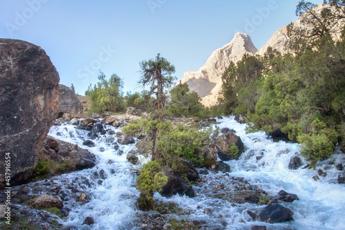 Landscape of seething moutain river. Green vegetation near river. View of the mountain peaks illuminated by the sun's rays.