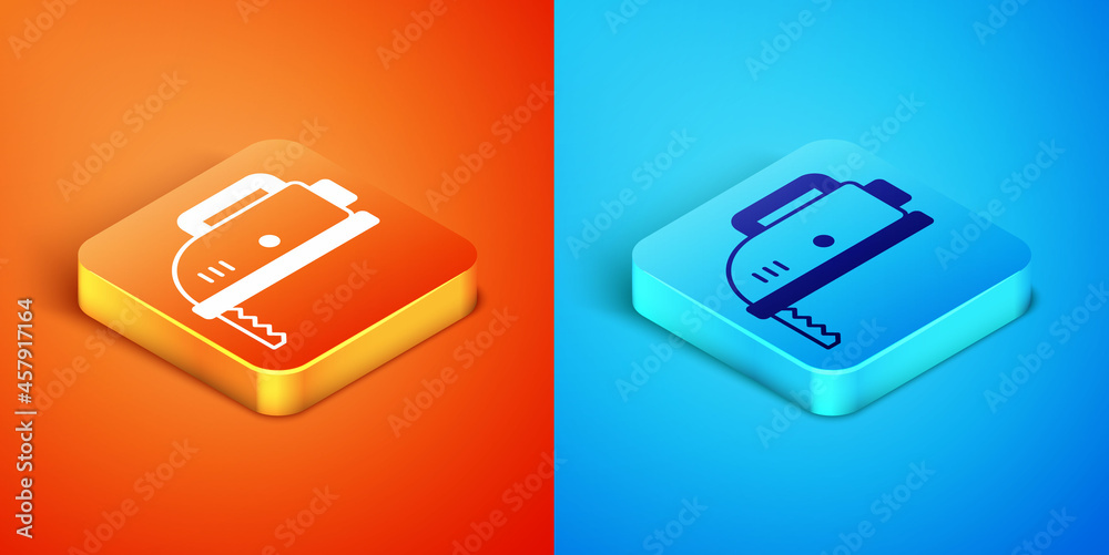 Isometric Electric jigsaw with steel sharp blade icon isolated on orange and blue background. Power tool for woodwork. Vector Isometric Electric jigsaw with steel sharp blade icon isolated on orange and blue background. Power tool for woodwork. Vector