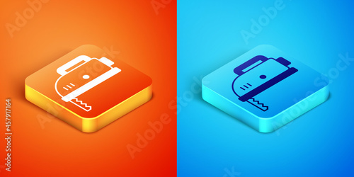 Isometric Electric jigsaw with steel sharp blade icon isolated on orange and blue background. Power tool for woodwork. Vector