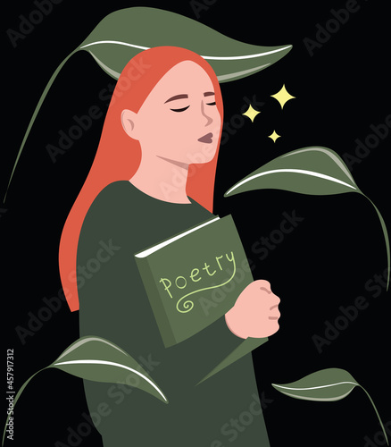 A young poetess holds a book of her poems in her hands. Student of the Faculty of Literature studies poetry. Red-haired woman writer. Vector flat illustration