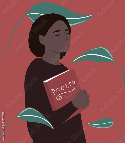 A young dreamy African American woman holding a book with poetry in her hands. Student of the Faculty of Philology. Young poet woman