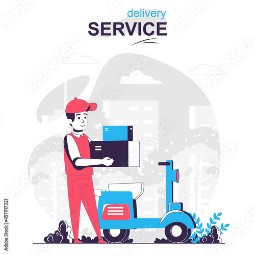 Delivery service isolated cartoon concept. Courier on moped delivering parcels, fast shipping people scene in flat design. Vector illustration for blogging, website, mobile app, promotional materials.