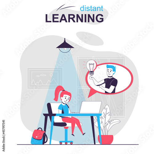 Distant learning isolated cartoon concept. Student studies at home using using video lessons people scene in flat design. Vector illustration for blogging, website, mobile app, promotional materials.