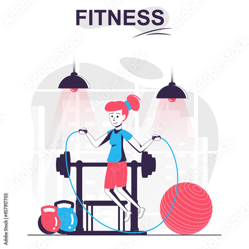 Fitness isolated cartoon concept. Woman jumping rope and exercising in gym, sports workout people scene in flat design. Vector illustration for blogging, website, mobile app, promotional materials.
