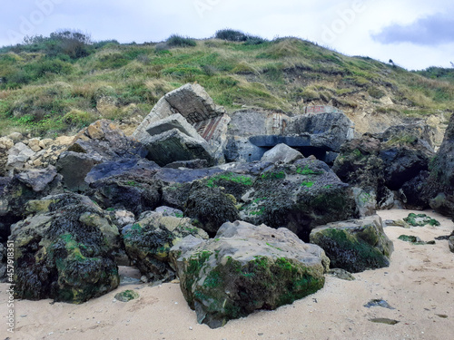 des cailloux et rochers sur la plage à trouville sur mer en normandie. pebbles and rocks on the beach at Discoveries Sur Mer in Normandy photo