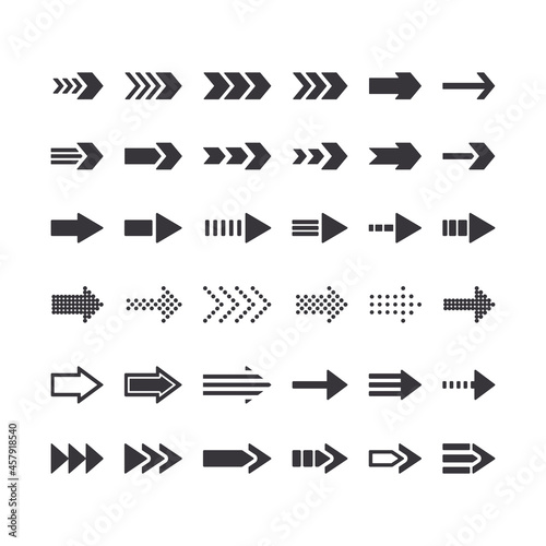 Set of Directional Arrow Monochrome Signs. Right Direction Icons, Next Step Graphic Elements for Website Navigation