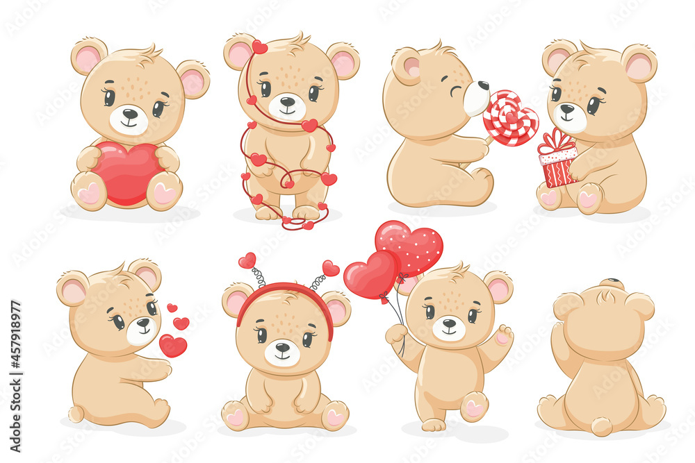 A collection of cute teddy bears for the holiday,valentine's day. Vector illustration of a cartoon.