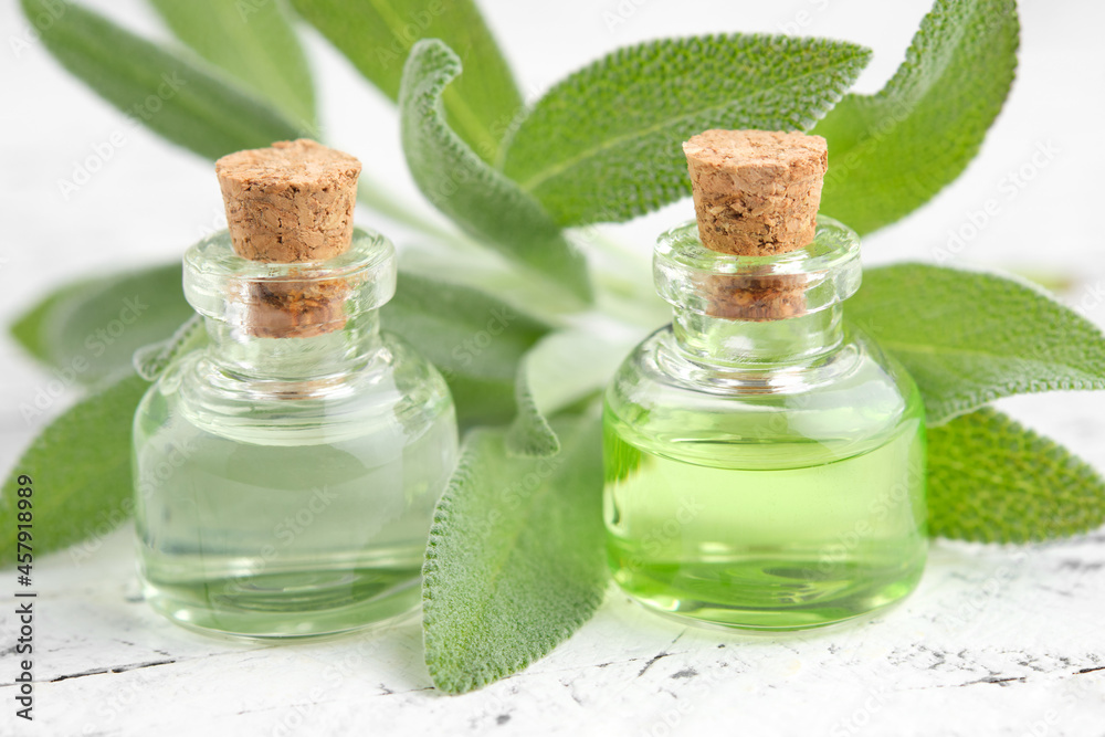 Bottles of sage essential oil, fresh green leaves of sage or salvia officinalis medicinal plants. Aromatherapy. Alternative and herbal medicine. Bottles of sage essential oil, fresh green leaves of sage or salvia officinalis medicinal plants. Aromatherapy. Alternative and herbal medicine.