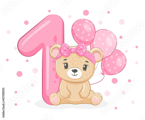 An illustration from the cartoon "Happy birthday, 1 year", a cute little bear girl. Vector illustration.
