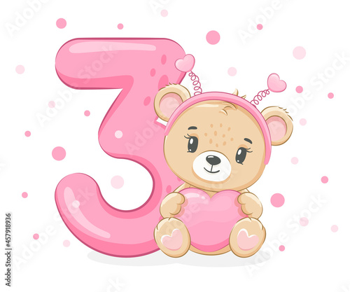 An illustration from the cartoon "Happy birthday, 3 years old", a cute little bear girl. Vector illustration.