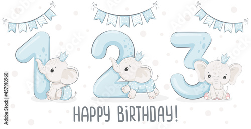 Collection of cute elephant boys "Happy birthday, 1,2,3 years". Vector illustration of a cartoon.
