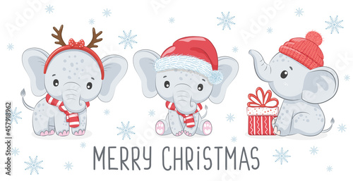 A set of three cute and sweet baby elephants for the New Year and Christmas. The elephant boy. Vector illustration of a cartoon.