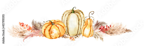 Pumpkin and pampas grass arrangement. Fall boho style watercolor illustration. Autumn, harvest, thanksgiving card, greeteng, stationery, fall wedding invitation