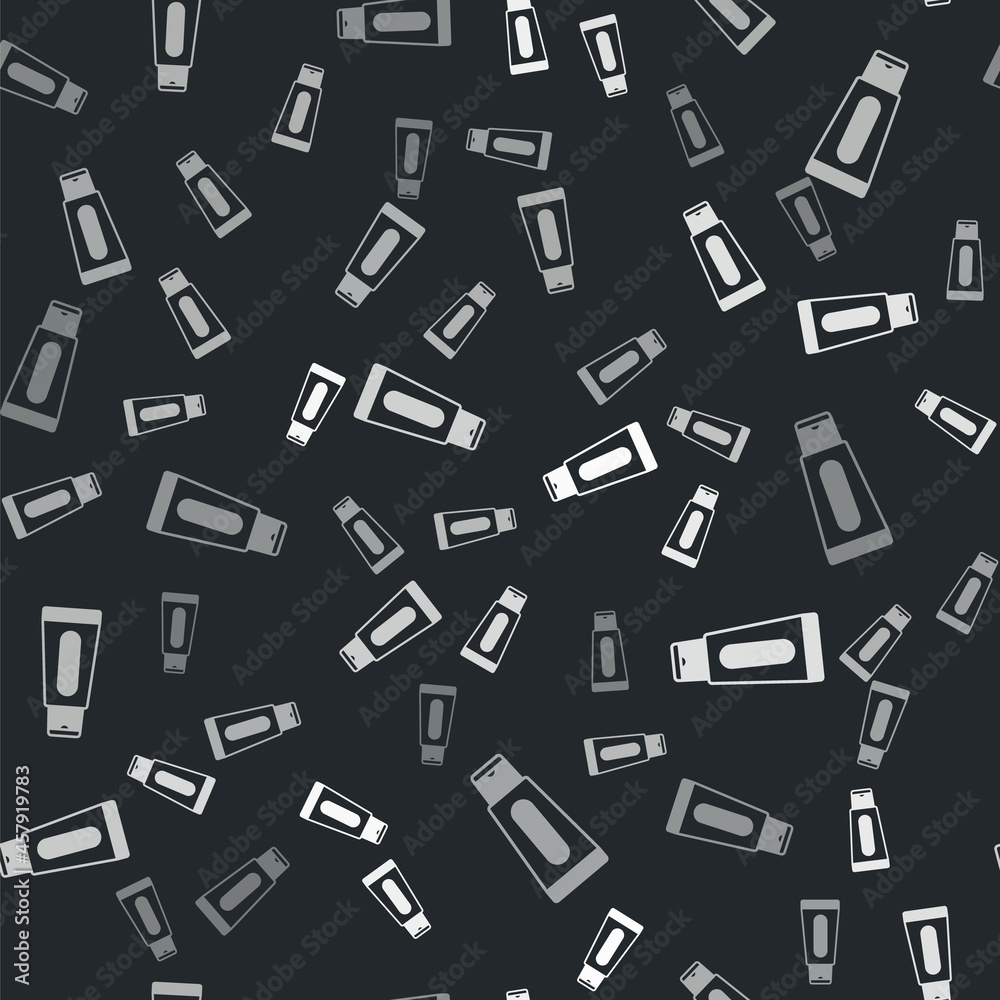 Grey Tube of hand cream icon isolated seamless pattern on black background. Vector