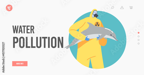 Water Pollution Landing Page Template. Ocean Contamination, Ecological Catastrophe Concept. Character with Dead Dolphin