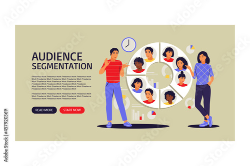 Audience segmentation concept. Landing page for web. People near a large circular chart with images of people. Vector illustration. Flat.