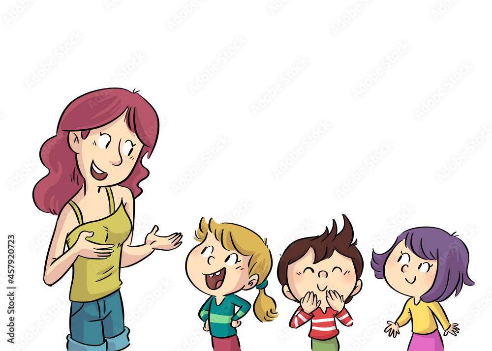 Illustration of teacher talking to her children students Stock Illustration  | Adobe Stock