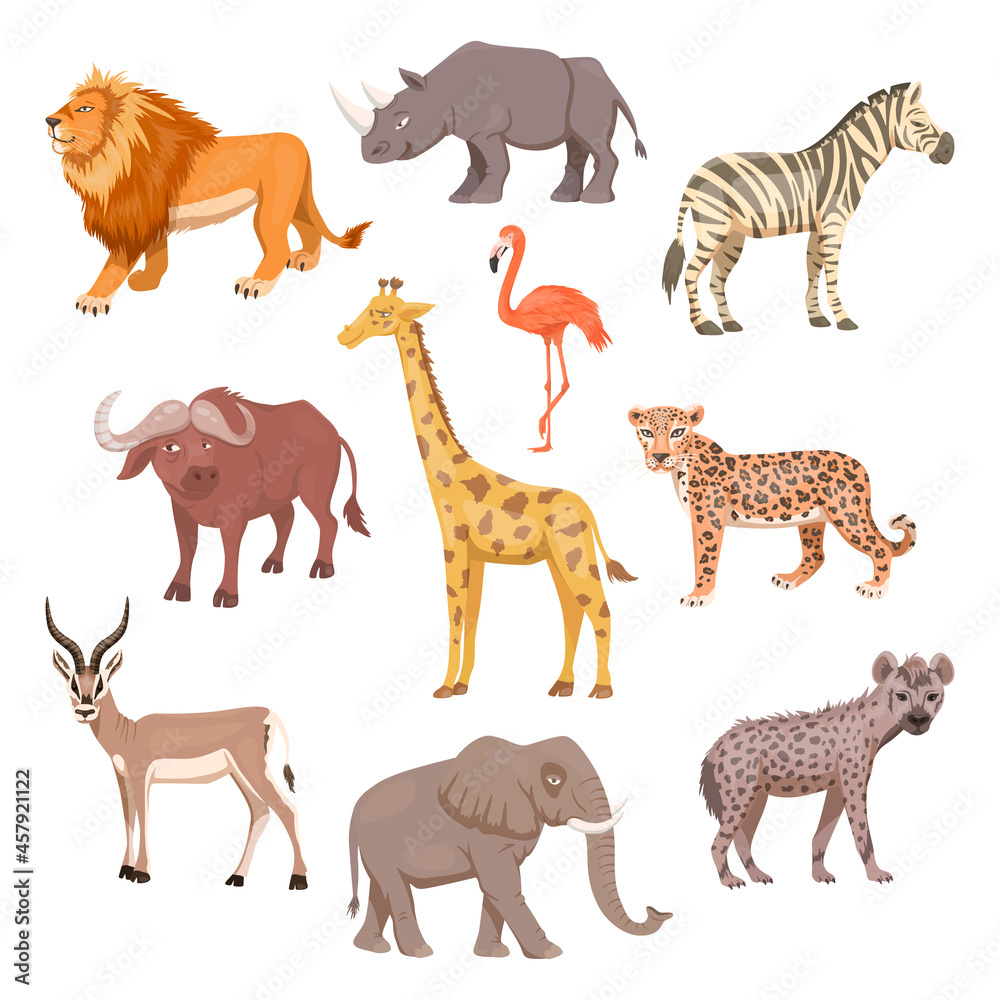 Fototapeta premium African Savannah Wild Animal Set. Lion, Rhino, Zebra, Buffalo, Giraffe, Flamingo, Leopard, Gazelle, Elephant, Hyena. Flat Vector Illustration. Animals of Africa. Savannh Safari Concept