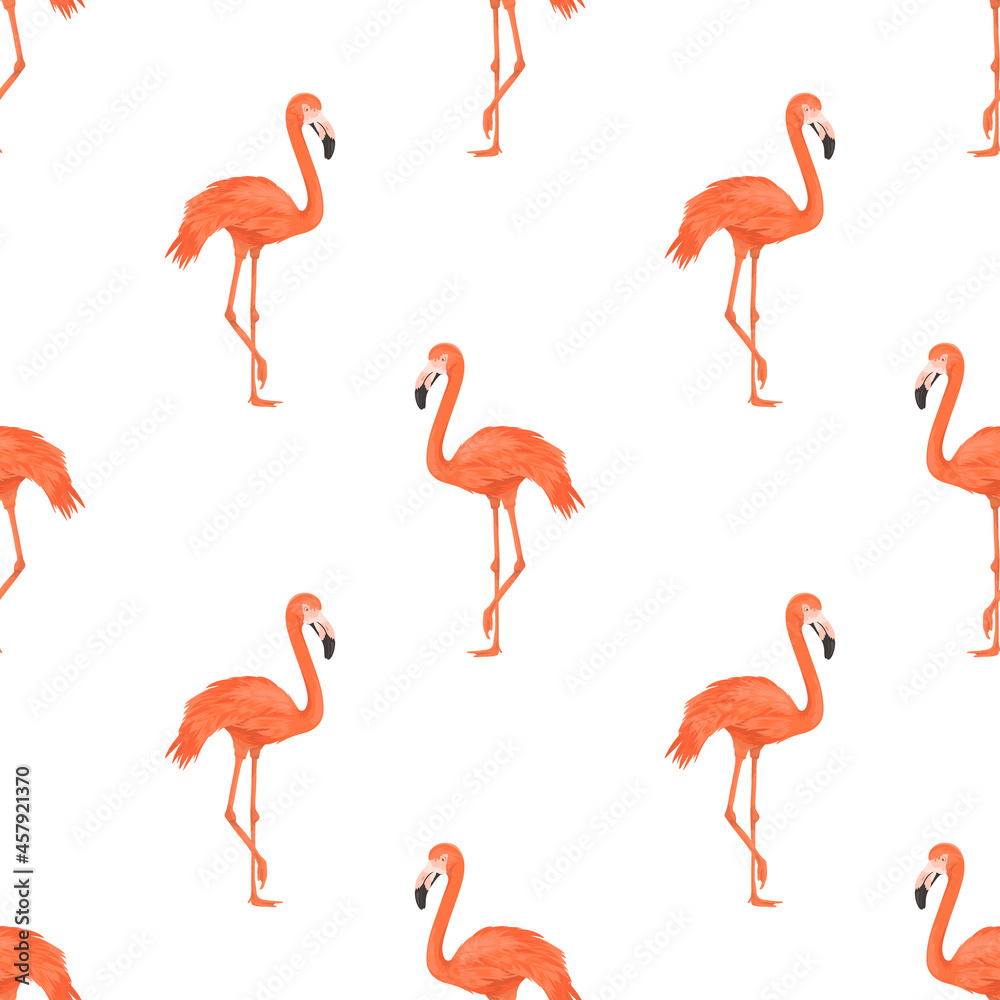 Obraz premium Seamless Flamingo Bird Pattern. Repeated Tropical Animal Background. Flat Vector Illustration. Africa, Savannh, Exotic Birds. Summer, Flamingo Pattern. Tropic Concept