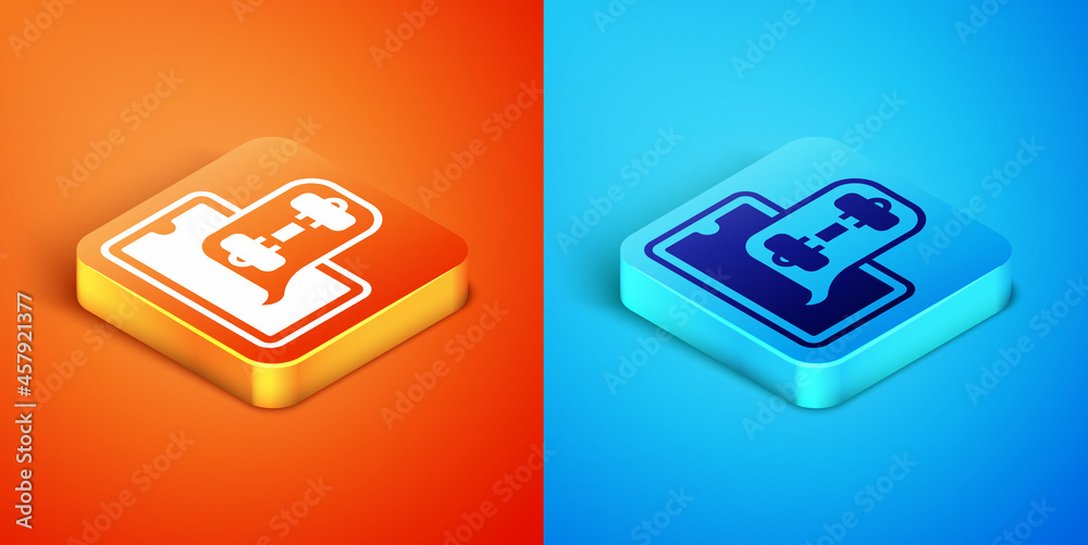 Isometric Fitness app for sports icon isolated on orange and blue background. Healthcare mobile app concept. Online fitness or mobile trainer. Vector Isometric Fitness app for sports icon isolated on orange and blue background. Healthcare mobile app concept. Online fitness or mobile trainer. Vector