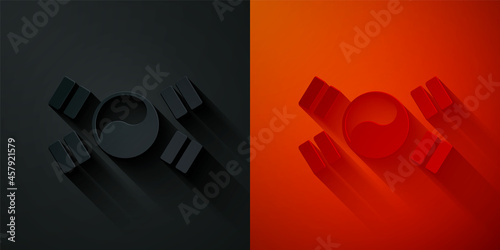 Paper cut South Korea flag icon isolated on black and red background. Paper art style. Vector