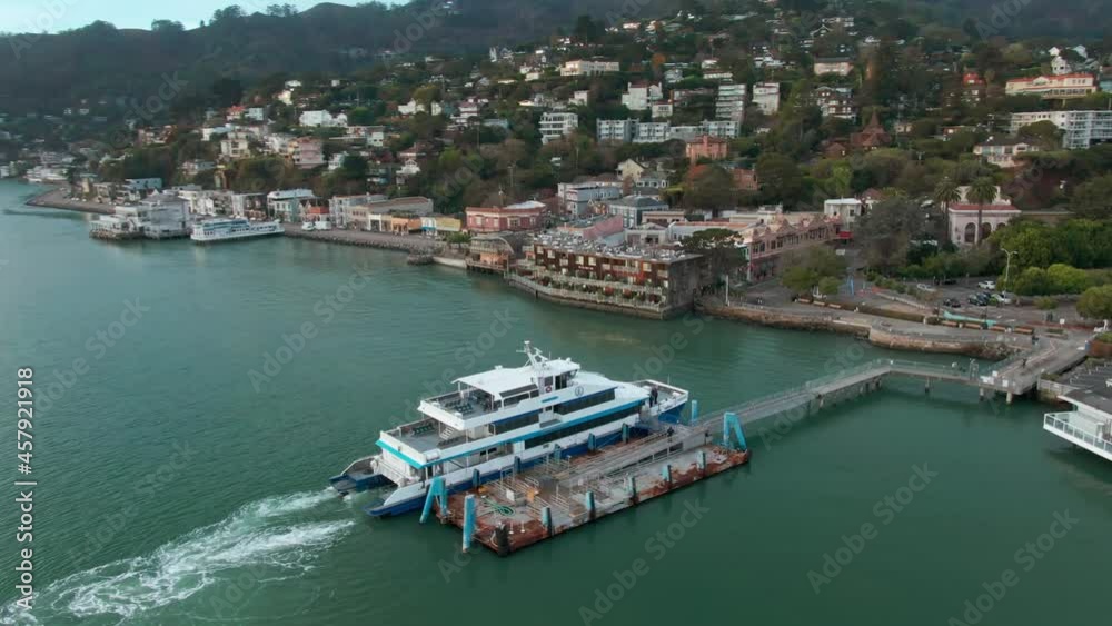 Aerial: Ferry in the sausalito waterfront. San Francisco, California, USA Aerial: Ferry in the sausalito waterfront. San Francisco, California, USA
