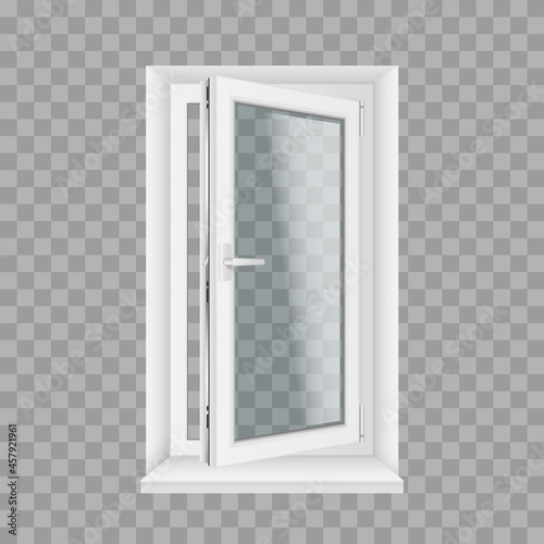 Open realistic glass transparent plastic window with windowsills and opening handle