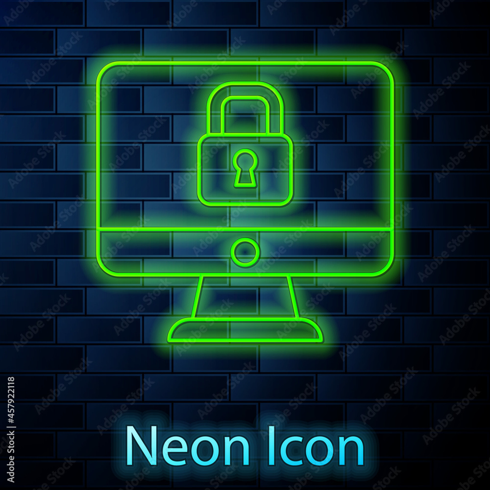 Glowing neon line Lock on computer monitor screen icon isolated on brick wall background. Security, safety, protection concept. Safe internetwork. Vector Glowing neon line Lock on computer monitor screen icon isolated on brick wall background. Security, safety, protection concept. Safe internetwork. Vector