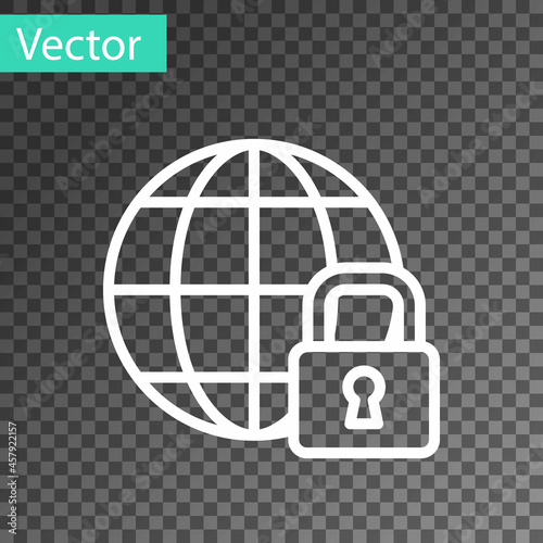White line Global lockdown - locked globe icon isolated on transparent background. Vector