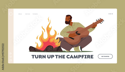 Man at Campfire Singing and Playing Guitar Landing Page Template. . Active Tourist Male Character Sparetime in Camp