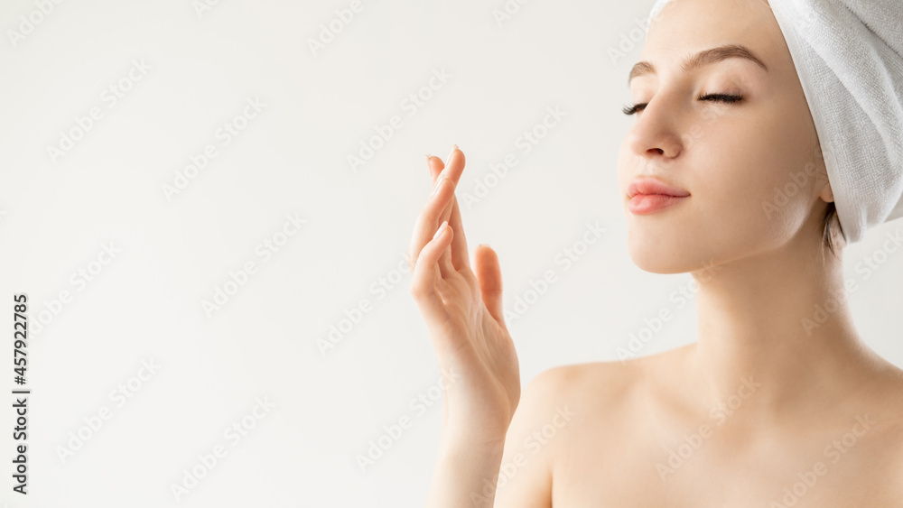 Wrinkle treatment. Inspired woman. Rejuvenation cosmetology. Advertising background. Pretty lady enjoying life isolated white copy space. Wrinkle treatment. Inspired woman. Rejuvenation cosmetology. Advertising background. Pretty lady enjoying life isolated white copy space.