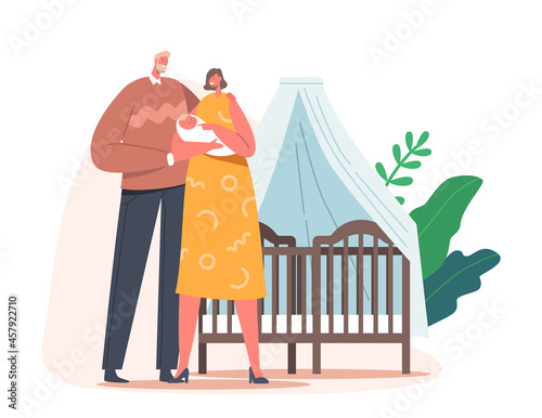 Couple of Young Parents Holding Newborn Baby on Hands near Bed with Canopy, Father and Mother Care of Child, Maternity