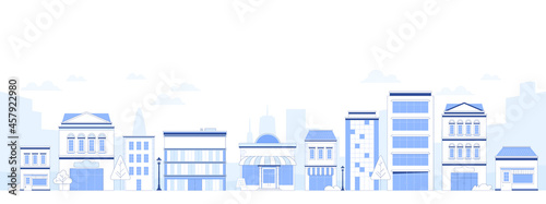 Suburb city street with apartments houses and shop buildings horizontal background. City view with house facades. Abstract architecture modern cityscape panorama. Vector illustration in flat style photo