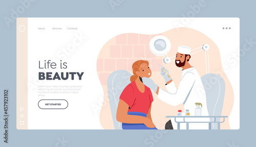Aesthetic Cosmetology Landing Page Template. Female Character Applying Beauty Injection in Cosmetologist Cabinet