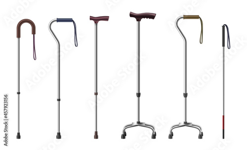 Realistic canes. 3d walking sticks and crutches. Medical supplies for old injured disabled patient