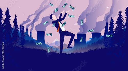 Profits from pollution - Businessman making money from climate change. Dirty money, profitable pollution, and eco unfriendly concept illustration.