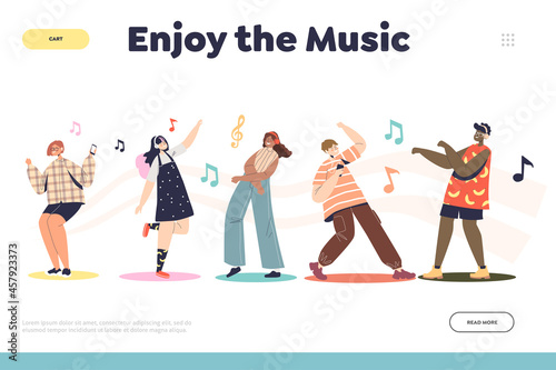 Enjoy music concept of landing page with people in headphones listen songs using mobile player