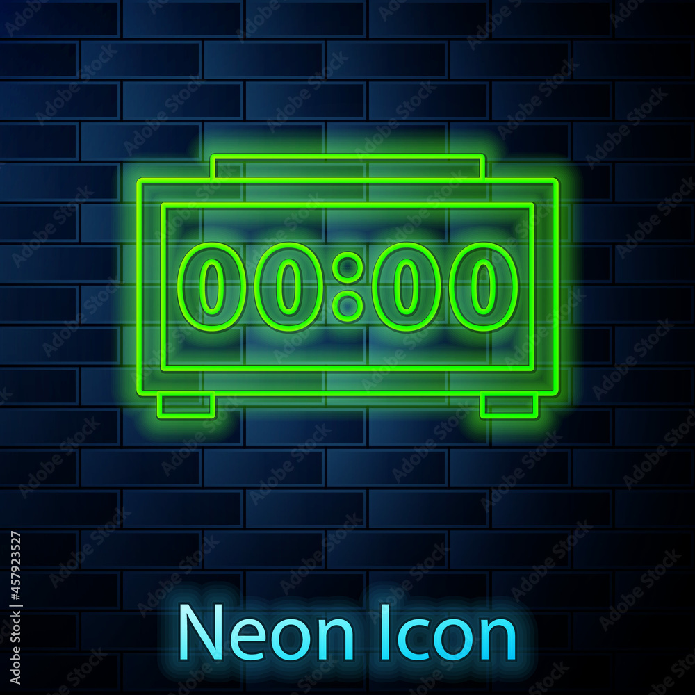 Obraz premium Glowing neon line Digital alarm clock icon isolated on brick wall background. Electronic watch alarm clock. Time icon. Vector