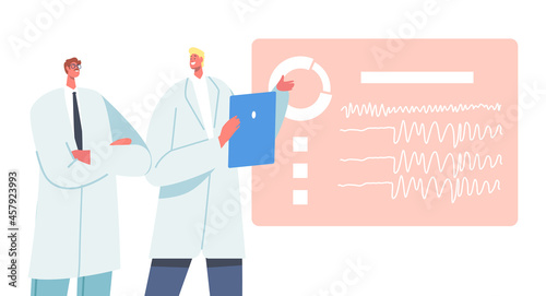 Male Doctor Characters Learn Brain Electroencephalography on Display. Anatomical Knowledge Science of Brain Diseases