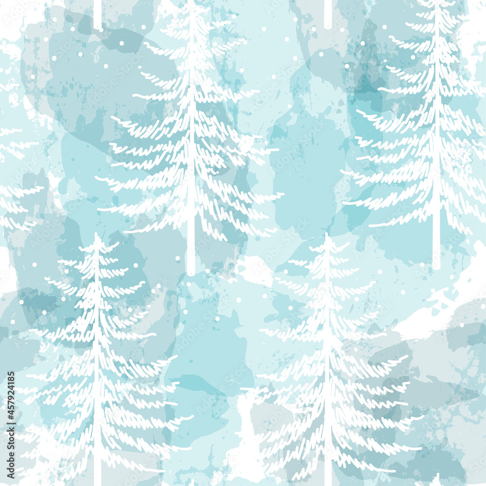 Obraz premium Christmas tree seamless vector pattern. Watercolor Noel firs print, winter frozen pine trees on blue background, wallpaper, wrapping paper design