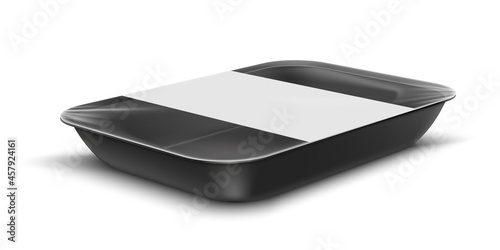 Realistic design template with black food tray on white background.