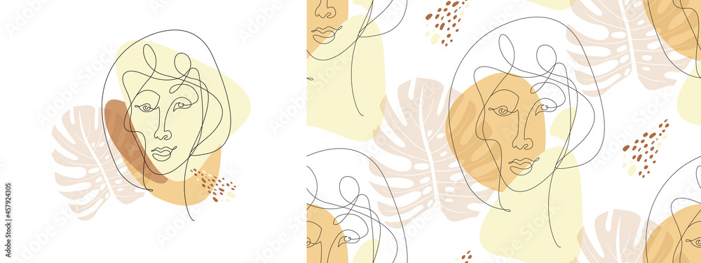 Fototapeta premium set of modern portrait of a girl in one line with elements of boho style isolated on white background and seamless pattern on white background for textile