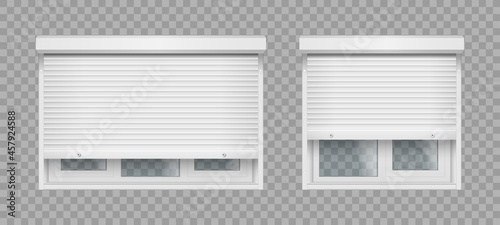 Plastic window with roller shutter isolated. Realistic white windows with metal rolling blinds