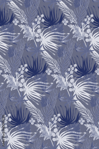 seamless monochrome pattern in blue shades tropical dried plant painted in gouache on a blue background for interior design and textiles